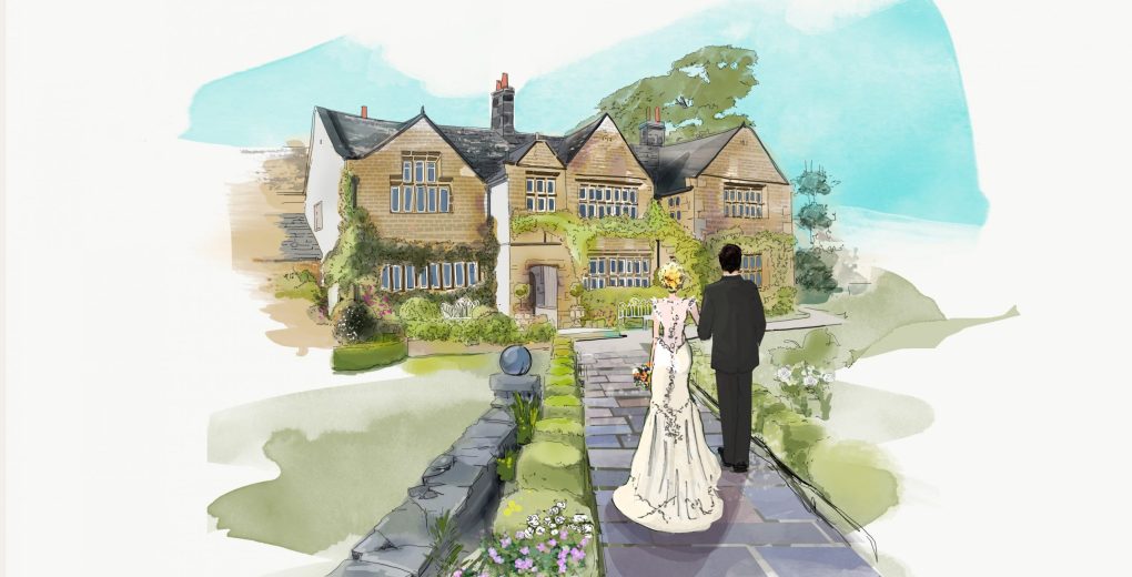 Illustration of a wedding of a bride and groom at Holdsworth House in Halifax - a wedding venue in West Yorkshire