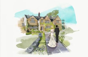 Illustration of a wedding of a bride and groom at Holdsworth House in Halifax - a wedding venue in West Yorkshire