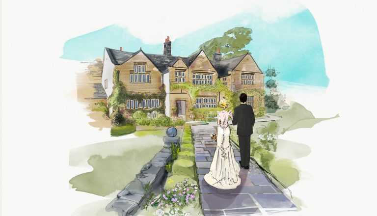 Illustration of a wedding of a bride and groom at Holdsworth House in Halifax - a wedding venue in West Yorkshire