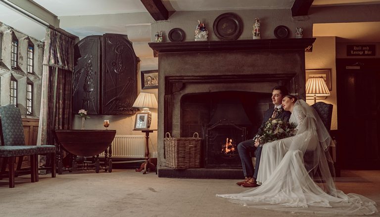 winter wedding fireside at Holdsworth House in Halifax