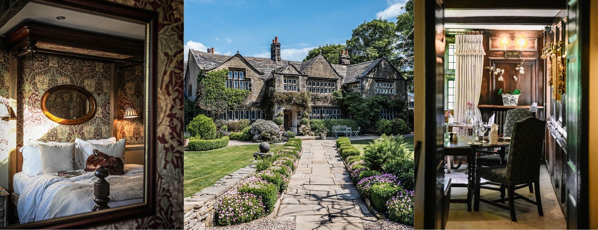 Luxury bedroom, historic exterior and elegant dining at Holdsworth House Hotel Yorkshire. A dog friendly hotel.
