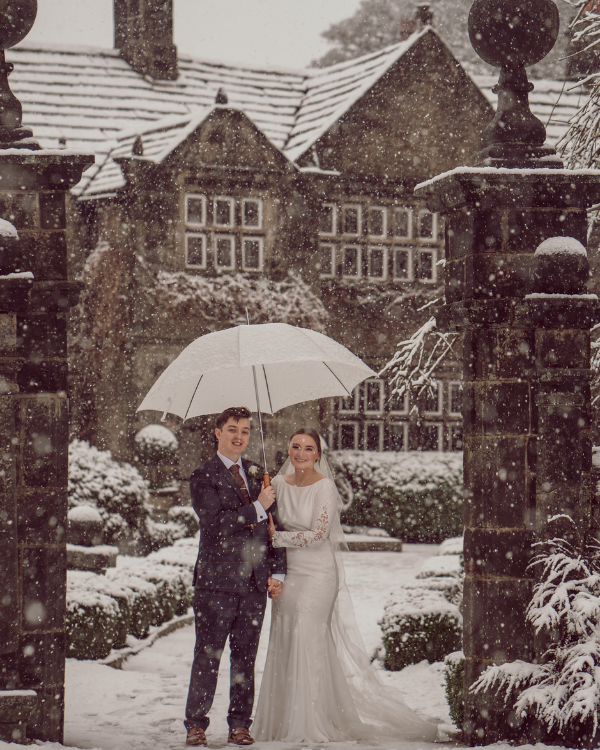 A couple holding an umbrella in the snow outside Holdsworth House, a romantic winter wedding venue in Yorkshire.