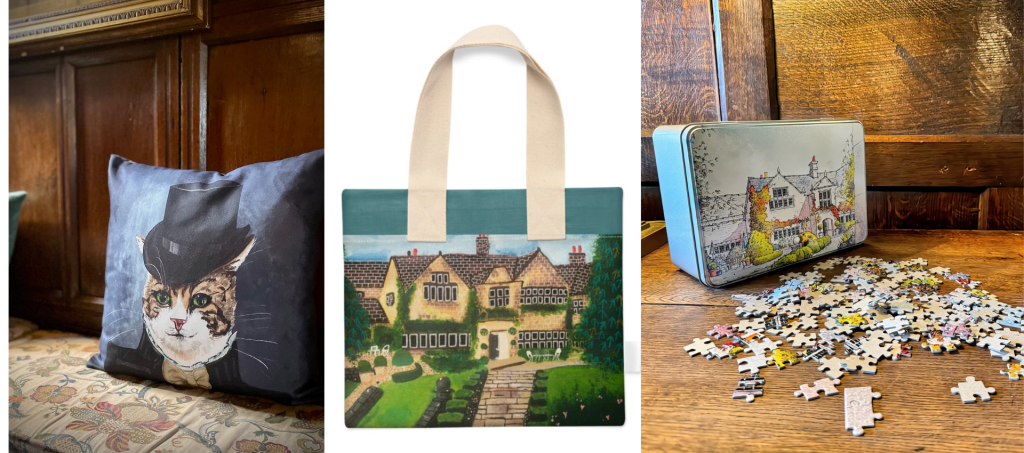 Holdsworth House gifts and merchandise to buy. Cat cusion, tote bag and jigsaw