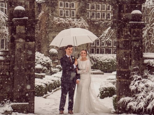 Bride and groom beneath an umbrella during a snow-covered winter wedding at Holdsworth House.