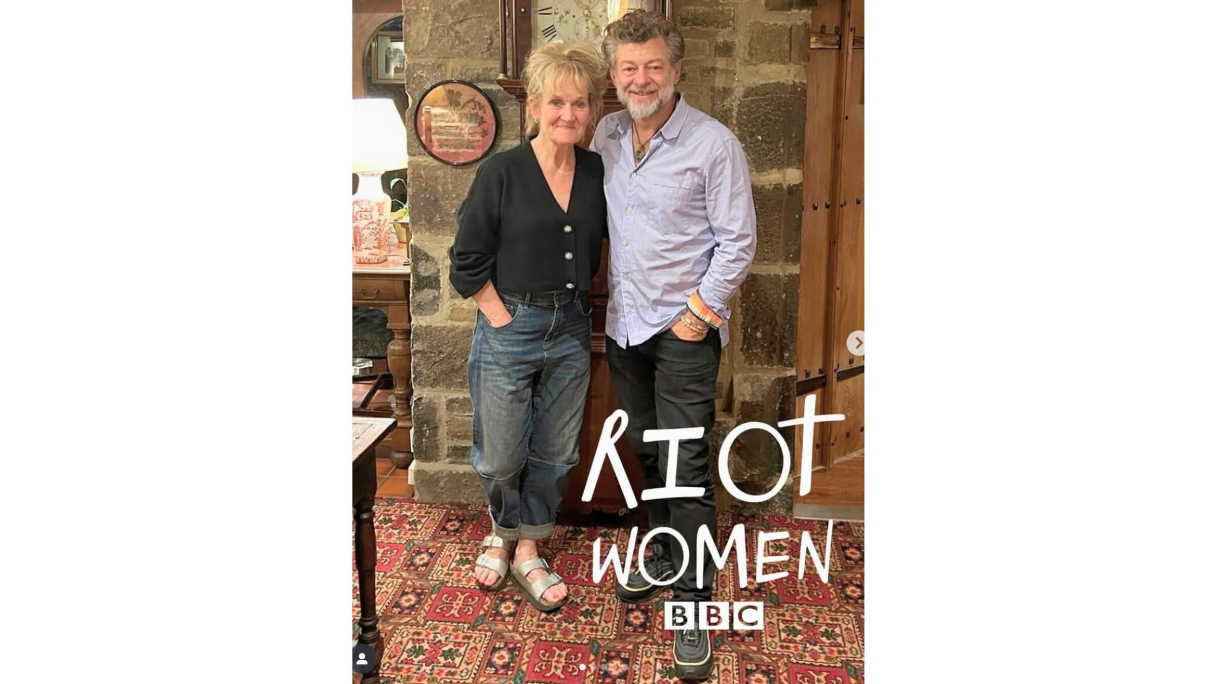 Lorraine Ashbourne and Andy Serkis at Holdsworth House Hotel for filming Riot Women