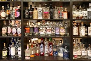 Extensive gin selection at the Long Bar in Holdsworth House Hotel, Halifax, featuring Yorkshire and international gins