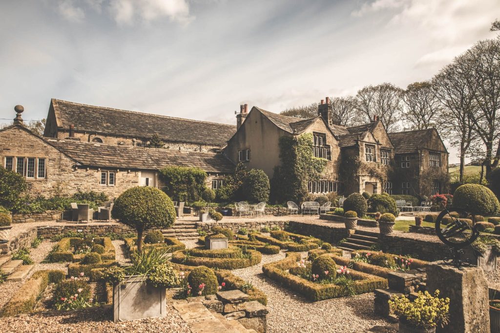 Historic manor house and gardens at Holdsworth House in West Yorkshire.