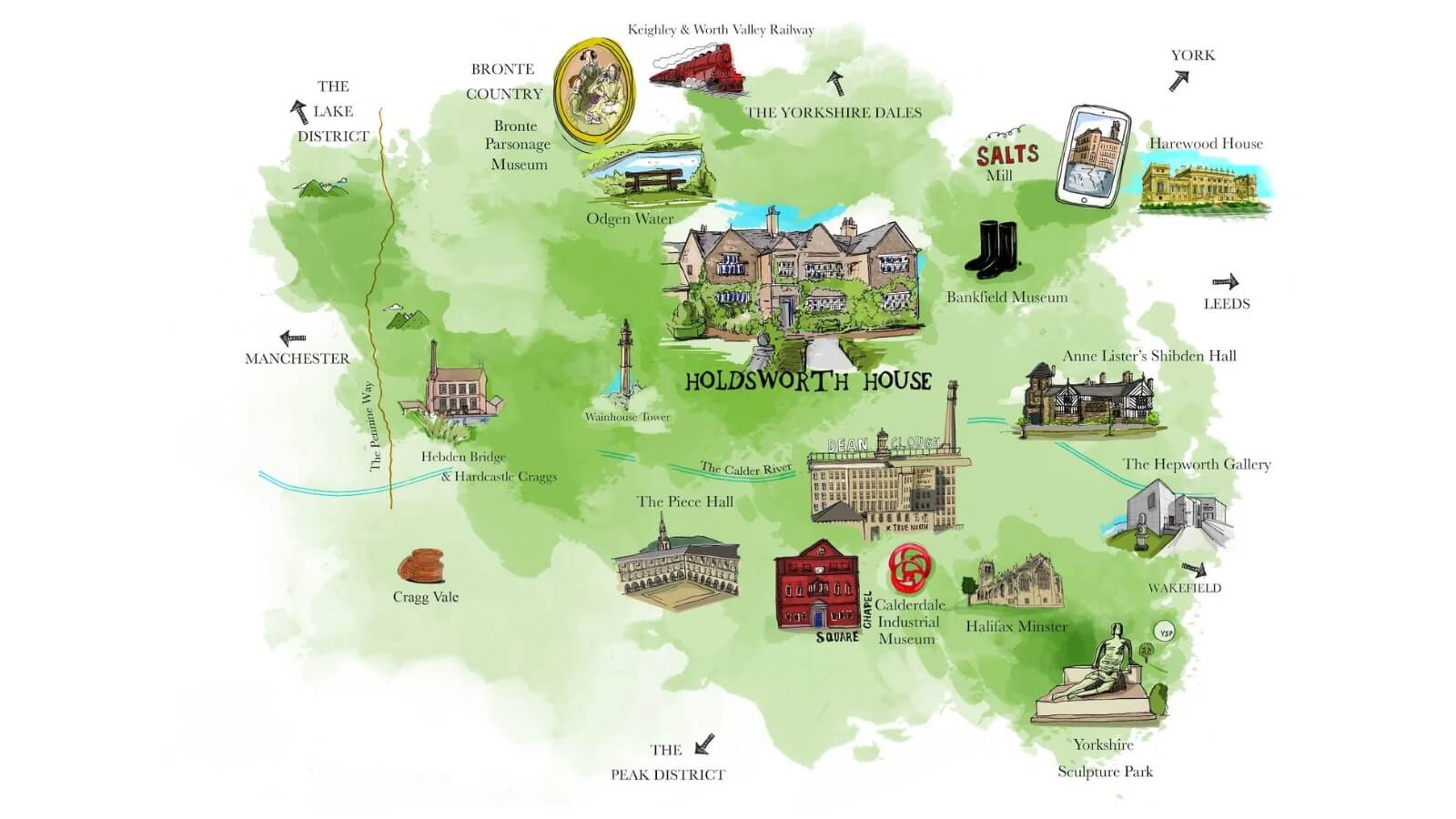 Illustrated map showing Holdsworth House location near Haworth and Calderdale in West Yorkshire
