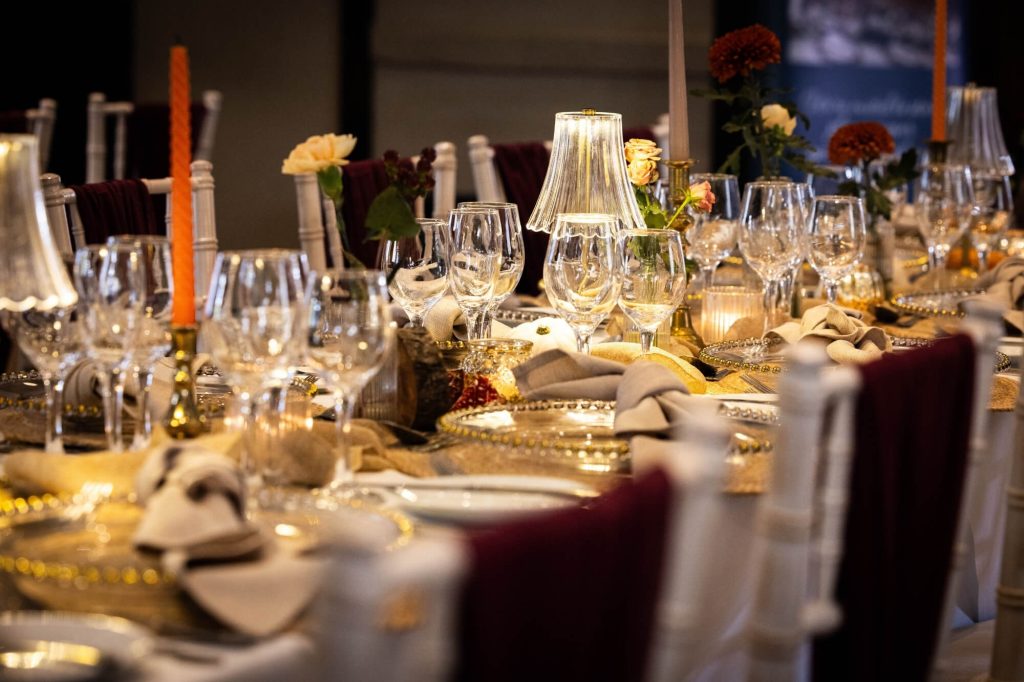 Wedding breakfast table styling at Holdsworth House.