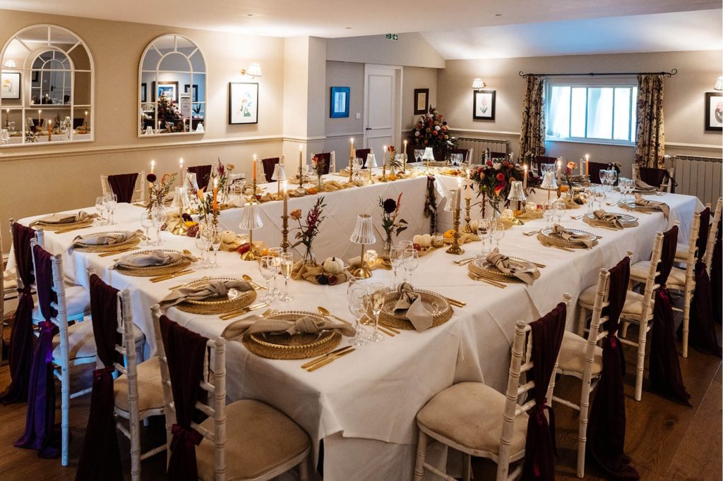 Wedding breakfast tables styled for a celebration at Holdsworth House.