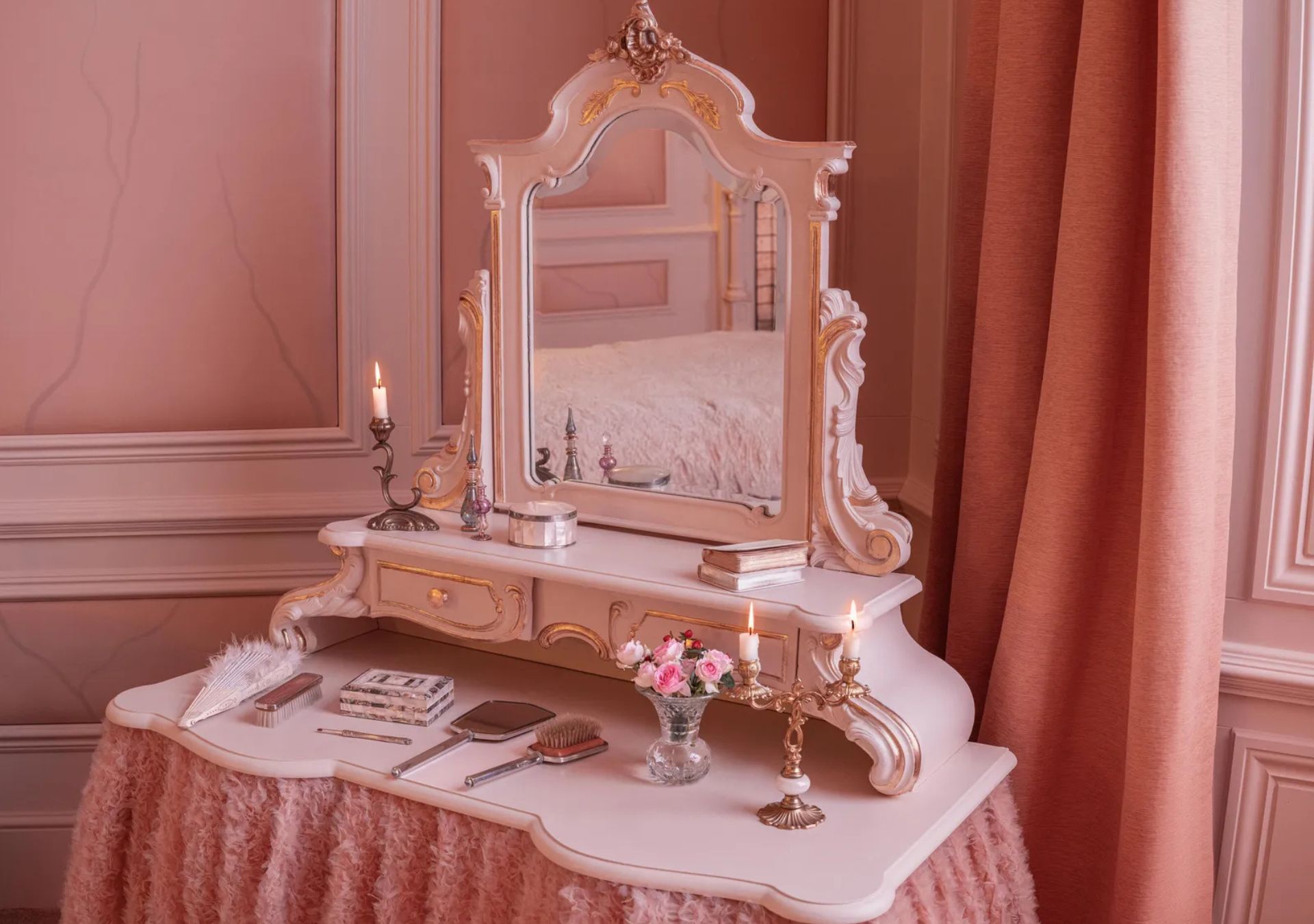 Dressing table and mirror inside the replica of Cathy Earnshaw’s bedroom at Thrushcross Grange