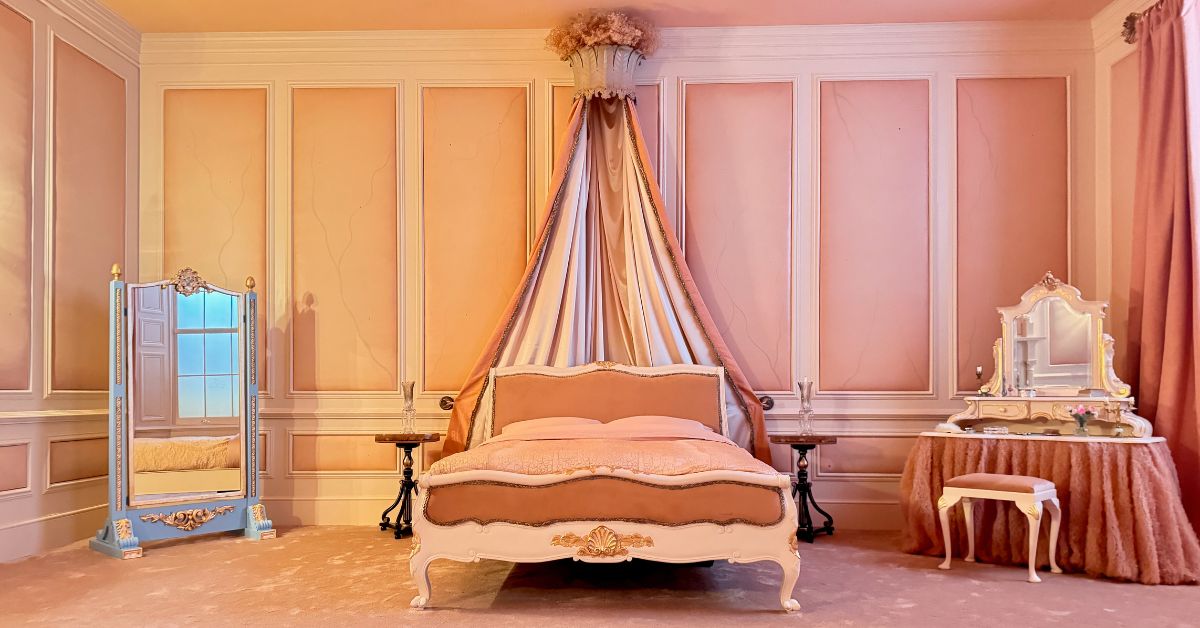 Replica of Cathy Earnshaw’s bedroom at Thrushcross Grange, created for the Airbnb Wuthering Heights experience at Holdsworth House, West Yorkshire