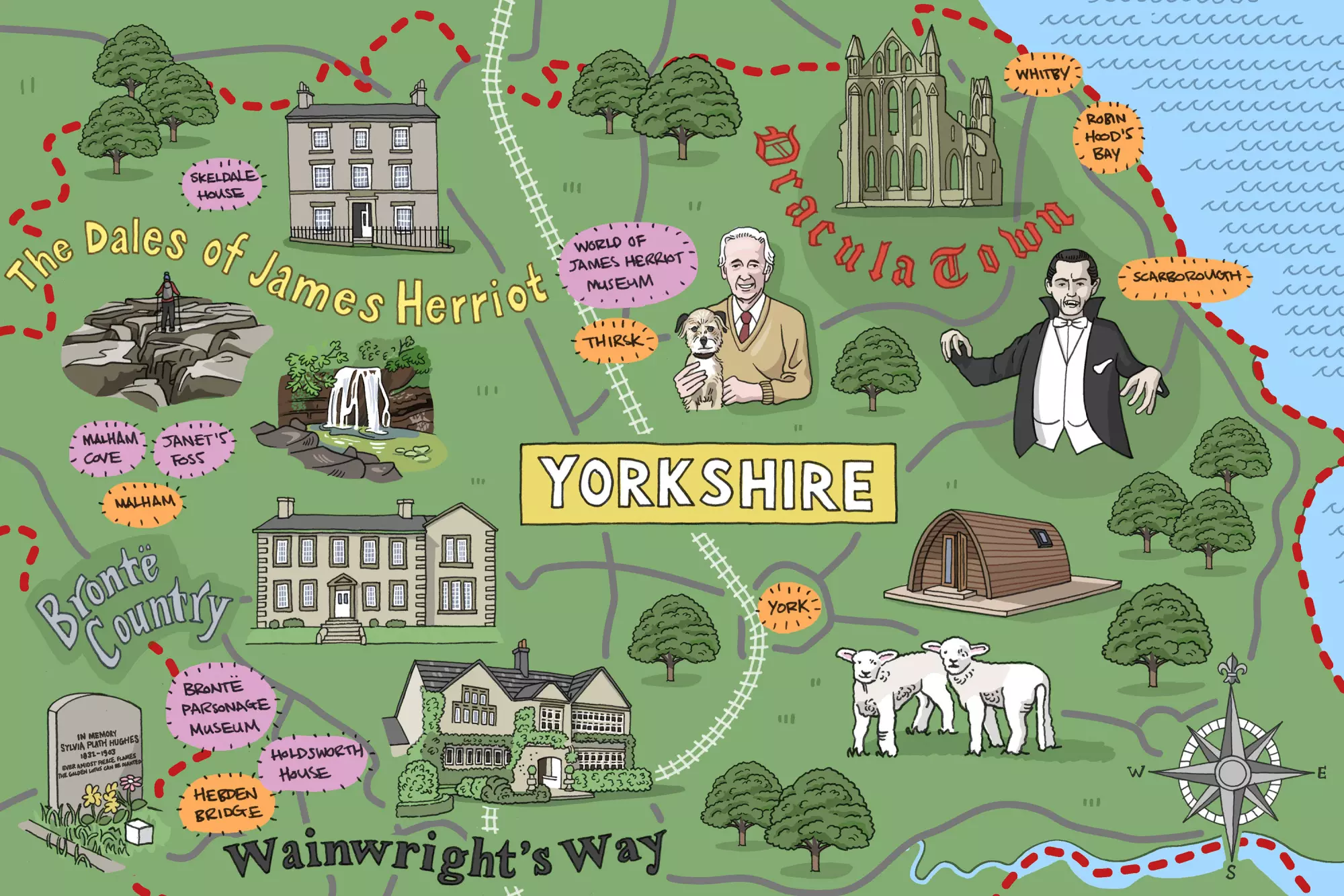 Illustrated map of Yorkshire tourist sites