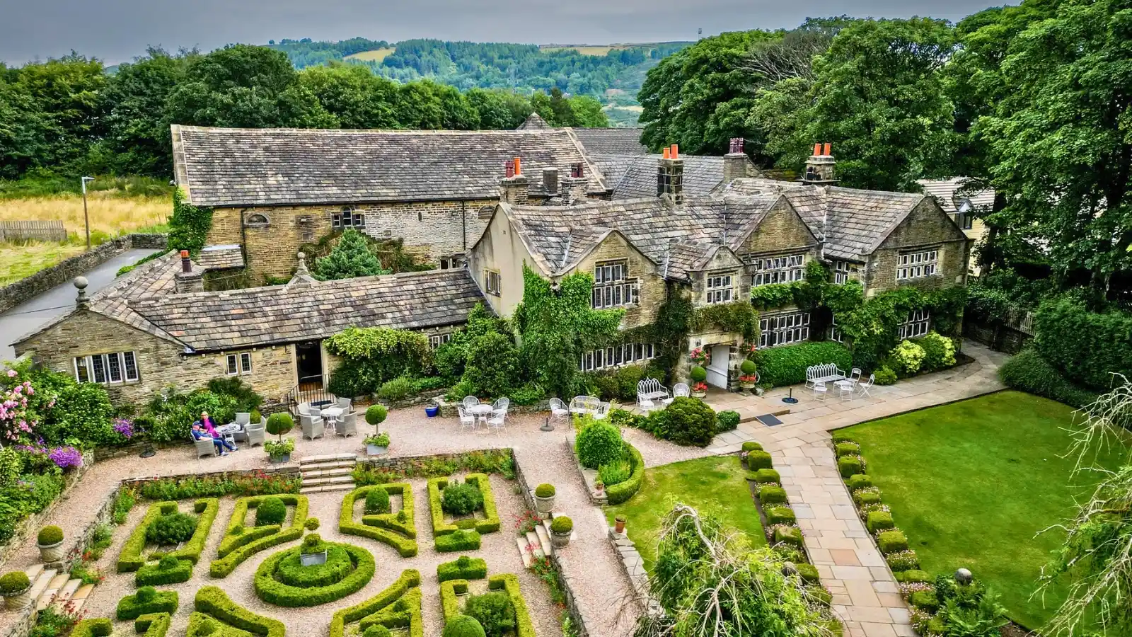 Holdsworth House hotel exterior, a Jacobean manor house, set for a wedding
