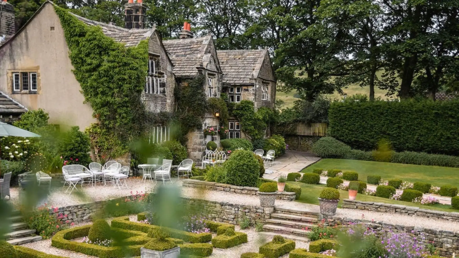 Holdsworth House and the knot garden from above