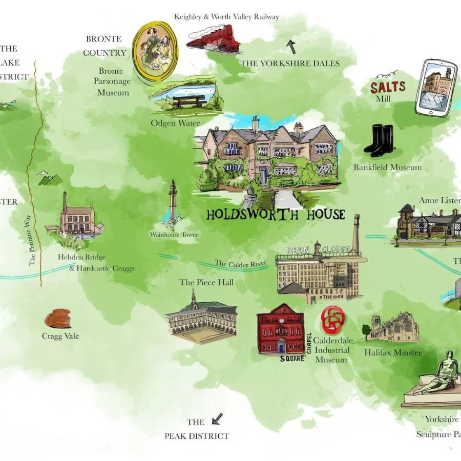 Illustrated map showing Holdsworth House location near Haworth and Calderdale in West Yorkshire